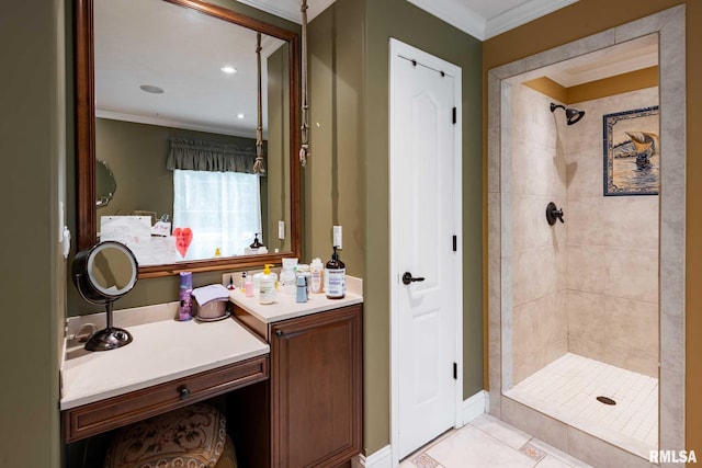 1300 W Brewster Rd, Herrin, IL 62948 - full bath featuring a stall shower, crown molding, vanity, tile patterned flooring, and recessed lighting