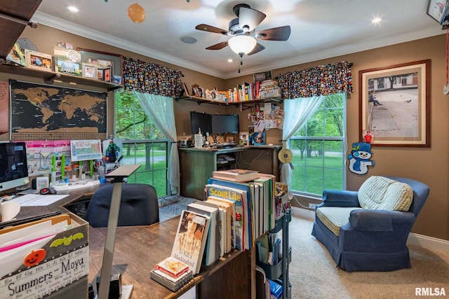 1300 W Brewster Rd, Herrin, IL 62948 - office with crown molding, a ceiling fan, and recessed lighting