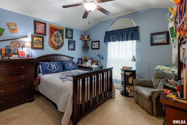 1300 W Brewster Rd, Herrin, IL 62948 - bedroom featuring light carpet, vaulted ceiling, and a ceiling fan