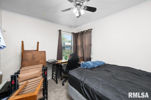1623 Alcoa Ave, Bettendorf, IA 52722 - bedroom with carpet flooring, ornamental molding, and ceiling fan