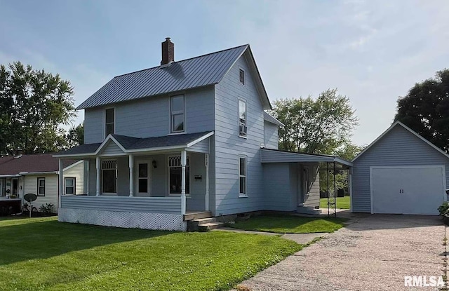 212 S E St, Cambridge, IL 61238 - view of front of property featuring covered porch, a detached garage, an outdoor structure, driveway, and a chimney