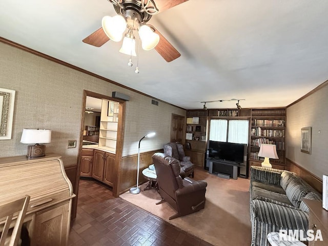 1701 Julianne Dr, Marion, IL 62959 - living room with ceiling fan, ornamental molding, and brick patterned floors
