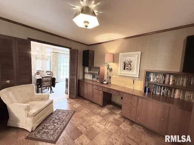 1701 Julianne Dr, Marion, IL 62959 - home office with a chandelier, crown molding, and built in study area