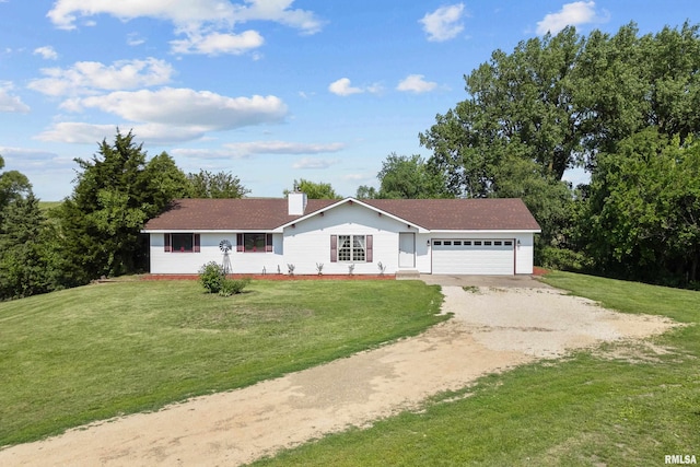 3796 160th St, Bryant, IA 52727 - ranch-style home featuring driveway, an attached garage, a front yard, and a chimney