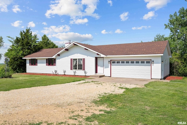 3796 160th St, Bryant, IA 52727 - ranch-style house featuring driveway, an attached garage, a front lawn, and a shingled roof