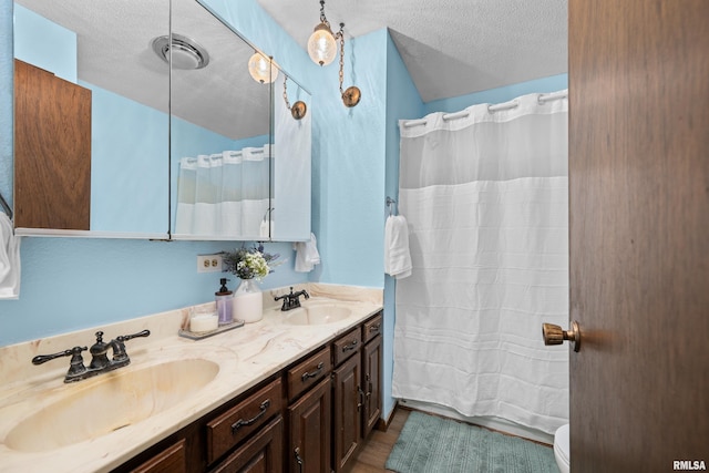 3796 160th St, Bryant, IA 52727 - bathroom with double vanity, a textured ceiling, a shower with curtain, and wood finished floors