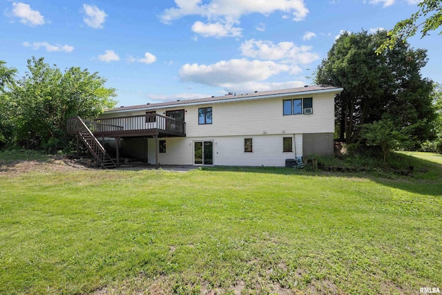 3796 160th St, Bryant, IA 52727 - rear view of property featuring stairway, a wooden deck, and a yard