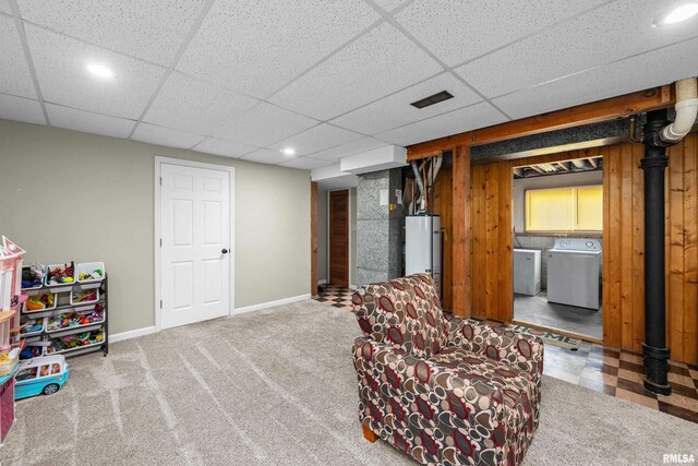 404 34th Ave, East Moline, IL 61244 - sitting room with water heater, washer and clothes dryer, carpet floors, a drop ceiling, and recessed lighting