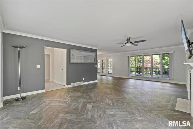 4319 7th Ave, Moline, IL 61265 - unfurnished living room featuring ceiling fan and crown molding