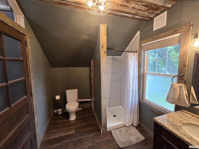 610 NW 6th St, Aledo, IL 61231 - full bathroom with lofted ceiling, wood finished floors, a tile shower, and vanity