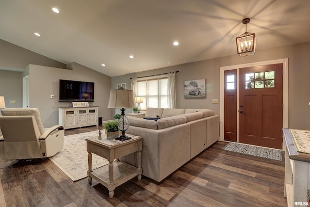 101 Prairie View Ct, Clinton, IA 52732 - living area with dark wood finished floors, a chandelier, recessed lighting, and lofted ceiling