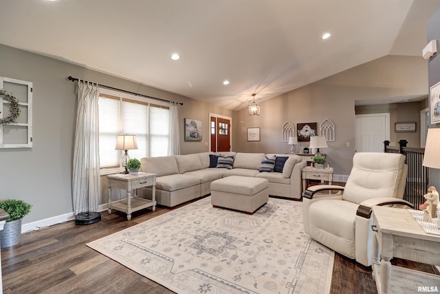 101 Prairie View Ct, Clinton, IA 52732 - living room with vaulted ceiling, dark wood-style flooring, and recessed lighting