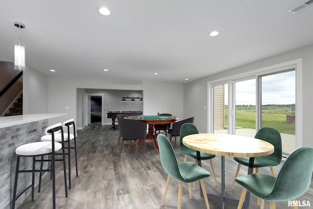 5541 Pigeon Creek Rd, Bettendorf, IA 52722 - dining room with a dry bar, wood finished floors, billiards table, and recessed lighting