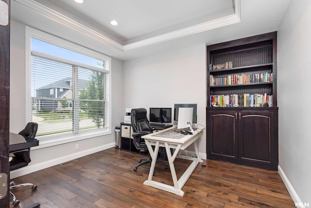 5541 Pigeon Creek Rd, Bettendorf, IA 52722 - office area featuring dark wood-style floors, a raised ceiling, ornamental molding, and recessed lighting
