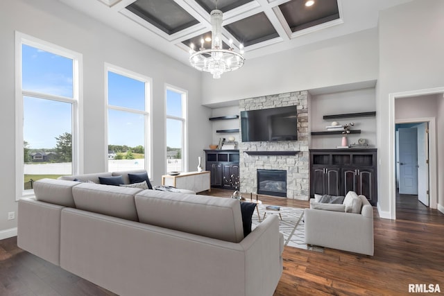 5541 Pigeon Creek Rd, Bettendorf, IA 52722 - living area with a high ceiling, a chandelier, healthy amount of natural light, coffered ceiling, and dark wood-type flooring
