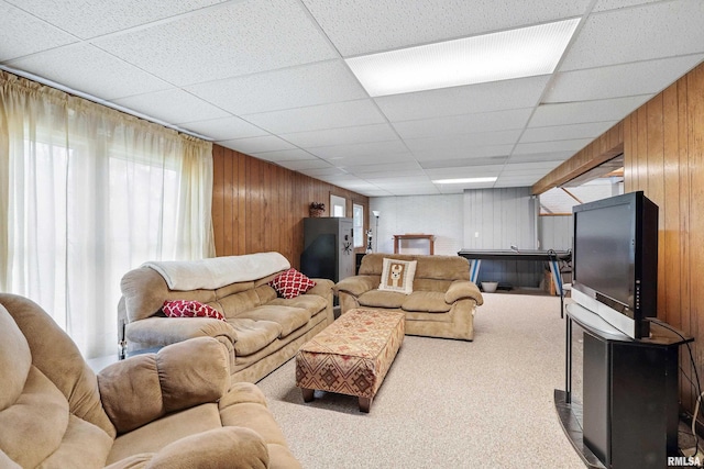 3770 153rd St, Blue Grass, IA 52726 - living area featuring wood walls, a drop ceiling, and carpet