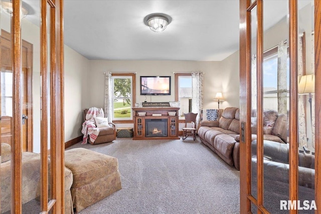 3292 110th St, Stockton, IA 52769 - living area featuring carpet flooring and a glass covered fireplace