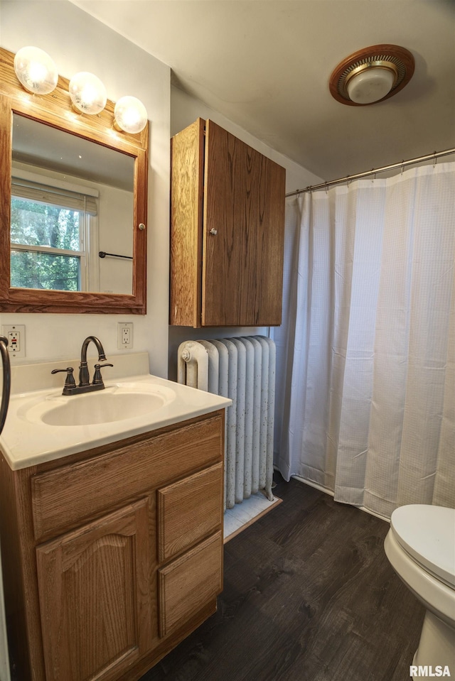 828 10th Ave, Fulton, IL 61252 - bathroom with radiator heating unit, vanity, wood finished floors, and curtained shower