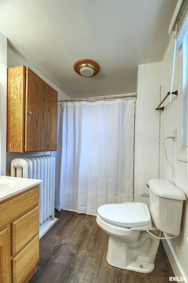 828 10th Ave, Fulton, IL 61252 - full bathroom with radiator heating unit, wood finished floors, vanity, and a shower with curtain