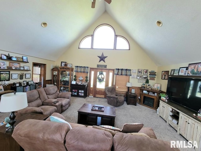313 Double C Farm Ln, Dongola, IL 62964 - living room with high vaulted ceiling, light carpet, and ceiling fan