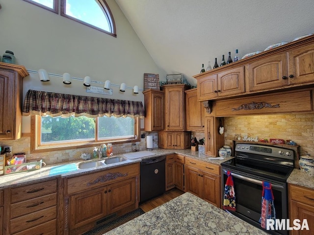 313 Double C Farm Ln, Dongola, IL 62964 - kitchen with black dishwasher, electric stove, decorative backsplash, healthy amount of natural light, and high vaulted ceiling