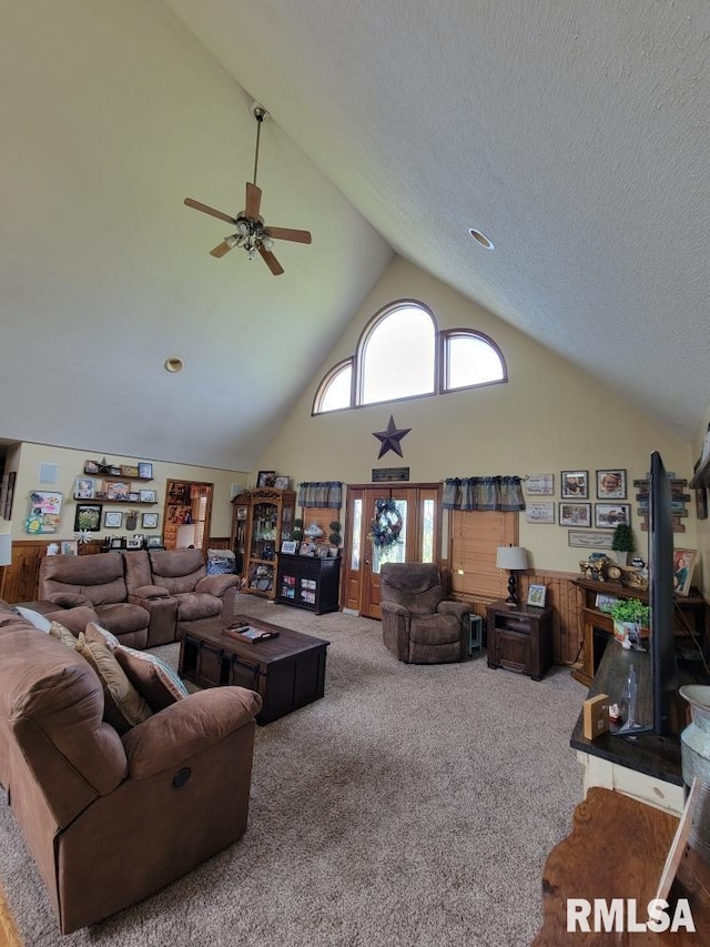 313 Double C Farm Ln, Dongola, IL 62964 - carpeted living area featuring ceiling fan, high vaulted ceiling, and a textured ceiling