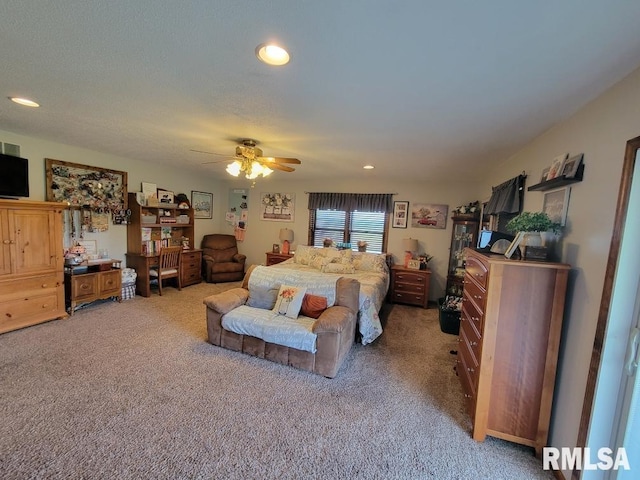 313 Double C Farm Ln, Dongola, IL 62964 - bedroom featuring light carpet, recessed lighting, and ceiling fan