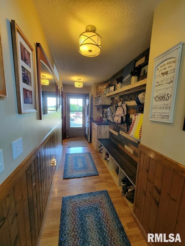 313 Double C Farm Ln, Dongola, IL 62964 - doorway with light wood-style flooring, a wainscoted wall, and a textured ceiling