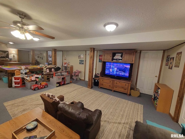 313 Double C Farm Ln, Dongola, IL 62964 - carpeted living room featuring a textured ceiling and a ceiling fan