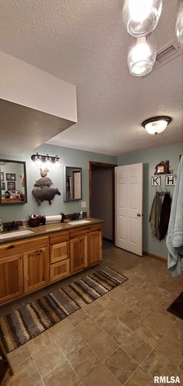 313 Double C Farm Ln, Dongola, IL 62964 - bathroom featuring a textured ceiling, double vanity, and tile patterned flooring