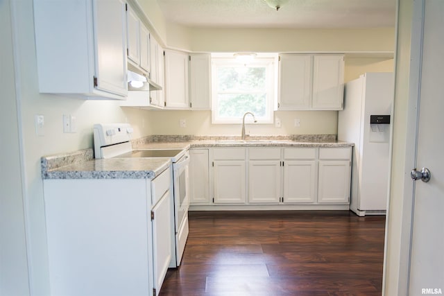 107 N 1st St, West Point, IL 62380 - kitchen with white appliances, under cabinet range hood, dark wood-style flooring, light countertops, and white cabinets
