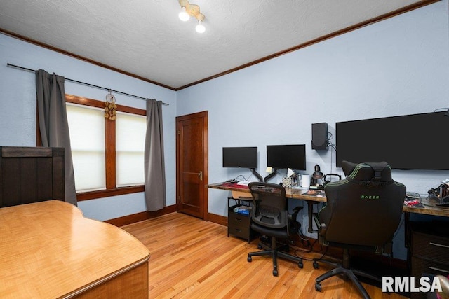 2531 5th St, Moline, IL 61265 - home office featuring crown molding, a textured ceiling, and light wood-style floors