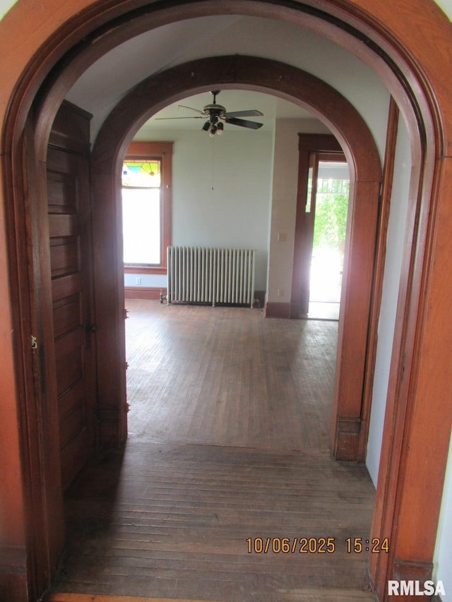 606 Meridian St Unit 1 & 2, Tipton, IA 52772 - corridor featuring radiator heating unit, arched walkways, wood finished floors, and plenty of natural light
