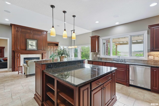 11 Sandstone Ct, Le Claire, IA 52753 - kitchen featuring dishwasher, open shelves, backsplash, a kitchen island, and a tiled fireplace