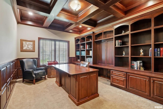 11 Sandstone Ct, Le Claire, IA 52753 - office space with light colored carpet, ornamental molding, built in study area, coffered ceiling, and wainscoting
