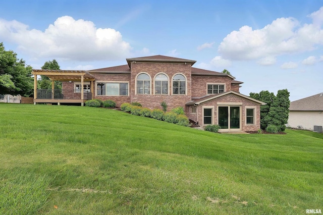 11 Sandstone Ct, Le Claire, IA 52753 - back of house with a pergola, brick siding, a yard, and a deck