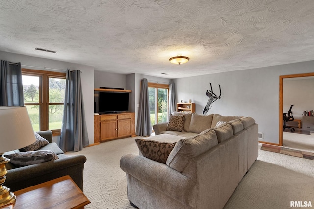 1010 Meadows Cir, Bettendorf, IA 52722 - living area featuring light carpet and a textured ceiling