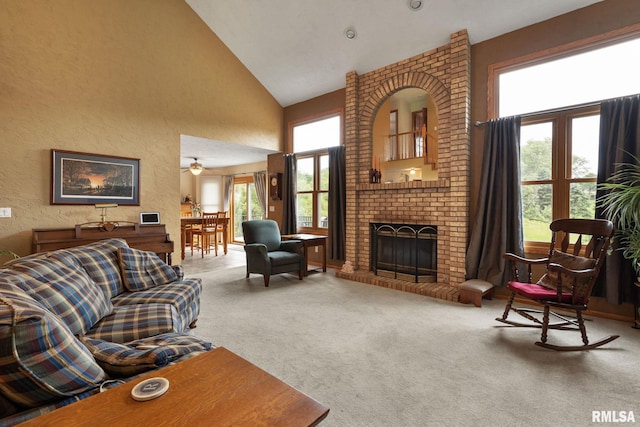 1010 Meadows Cir, Bettendorf, IA 52722 - living area featuring carpet floors, high vaulted ceiling, and a brick fireplace