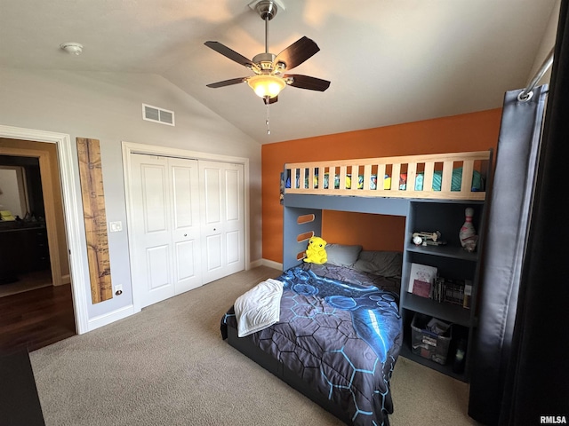 10509 N Butterfly Dr, Dunlap, IL 61525 - carpeted bedroom featuring vaulted ceiling, a closet, and ceiling fan