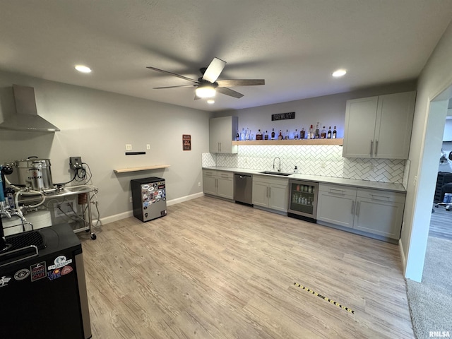 10509 N Butterfly Dr, Dunlap, IL 61525 - indoor wet bar featuring wine cooler, wall chimney range hood, dishwasher, ceiling fan, and backsplash
