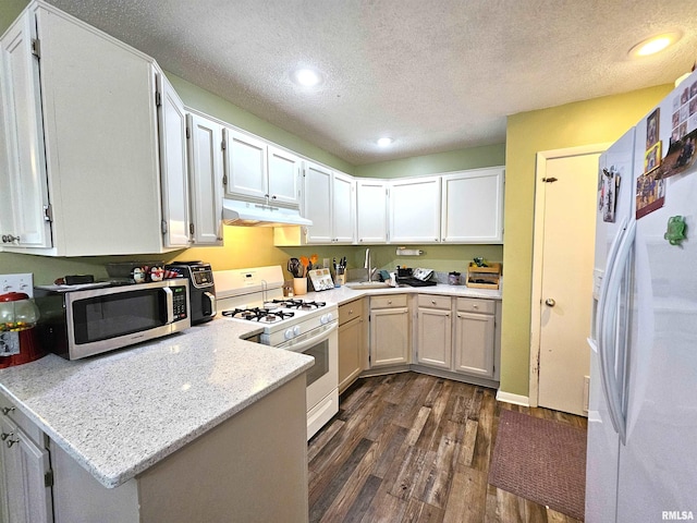 315 Colony Dr, Davenport, IA 52806 - kitchen featuring white appliances, under cabinet range hood, dark wood finished floors, recessed lighting, and a textured ceiling