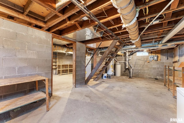 204 E Main St, Joy, IL 61260 - unfinished basement featuring stairs and gas water heater