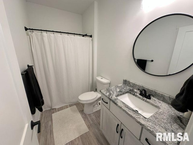 1722 17th St, De Witt, IA 52742 - bathroom featuring vanity, wood finished floors, and a shower with curtain