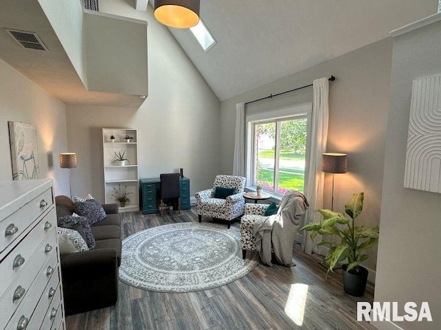 1144 Brookview Dr, De Witt, IA 52742 - living area with a skylight, wood finished floors, and high vaulted ceiling