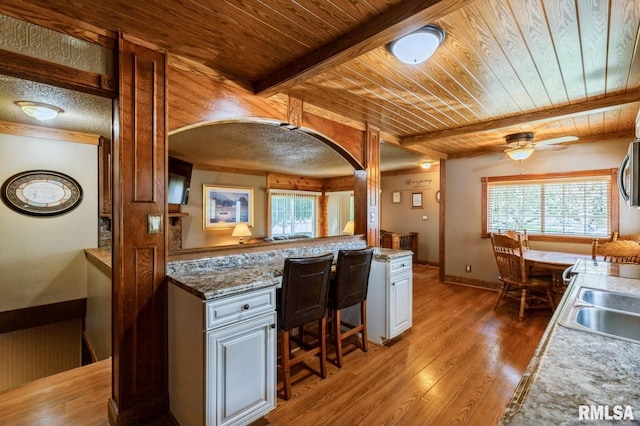 1445 Lawrence Ave, Camanche, IA 52730 - home office featuring wooden ceiling, light wood-style floors, and ceiling fan