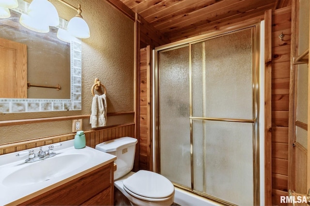 1445 Lawrence Ave, Camanche, IA 52730 - full bath featuring a textured wall, a stall shower, vanity, wooden ceiling, and wood walls