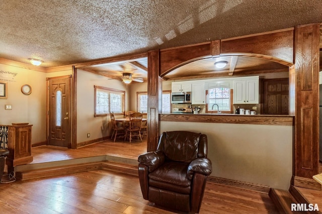 1445 Lawrence Ave, Camanche, IA 52730 - living room with hardwood / wood-style floors, plenty of natural light, ceiling fan, a textured ceiling, and arched walkways