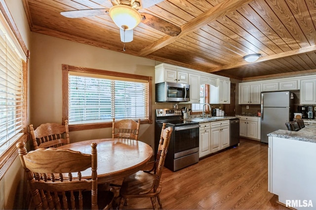 1445 Lawrence Ave, Camanche, IA 52730 - kitchen featuring appliances with stainless steel finishes, wood ceiling, white cabinets, and plenty of natural light