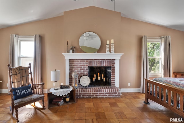 3473 270th St, De Witt, IA 52742 - bedroom with lofted ceiling and a fireplace