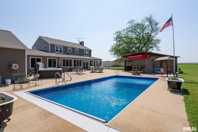 3473 270th St, De Witt, IA 52742 - swimming pool with a hot tub, a patio, a gazebo, and outdoor dining space